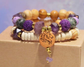 Conjunto de pulseiras difusoras de ametista, pulseiras empilháveis de pedra vulcânica, pingente do signo do Cavalo de Fogo, presente para ritual diário de aromaterapia.