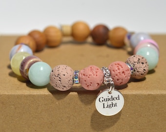 Pulseira difusora de aromaterapia com contas de lava rosa, joia para aromaterapia, pedra de quartzo rosa para bolso, pingente com mantra gravado, presente de amor próprio e proteção.