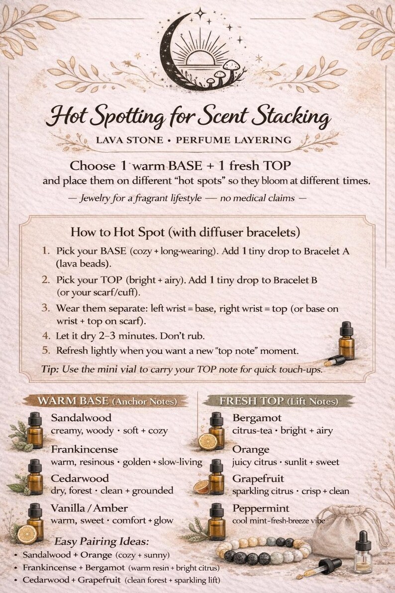 Pode incluir: Gr&aacute;fico informativo sobre a sobreposi&ccedil;&atilde;o de aromas com &oacute;leos essenciais. A imagem apresenta texto, ilustra&ccedil;&otilde;es de frascos de &oacute;leos essenciais e uma pulseira de pedra de lava. Fornece instru&ccedil;&otilde;es sobre como usar os &oacute;leos.