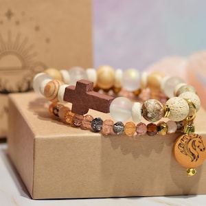 Pulseira difusora de aromas com contas, pingente de cavalo de fogo e cruz, pulseira de aromaterapia com pedra vulcânica, cristais de sal do Himalaia, presente de incentivo. imagem 16