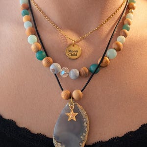 Boho Necklace and Diffuser Bracelet Set, Layered Multi Strand Jewelry, Celestial Mantra Charm, Wearable Fragrance Gift for Her