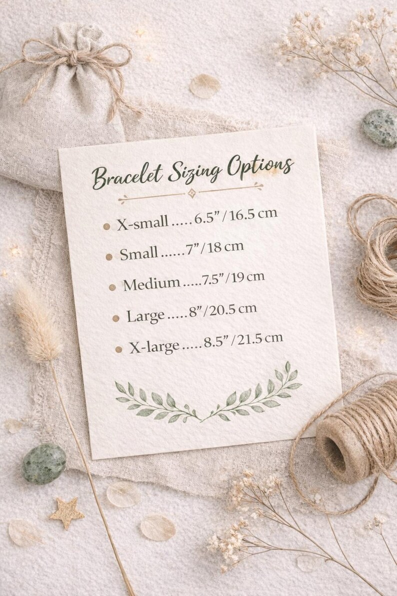 Pode incluir: Um cart&atilde;o creme exibe "Op&ccedil;&otilde;es de Tamanho da Pulseira" com medidas em polegadas e cent&iacute;metros. Os tamanhos variam de X-pequeno (6,5"/16,5 cm) a X-grande (8,5"/21,5 cm). O cart&atilde;o &eacute; cercado por elementos decorativos.