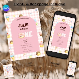 Puede incluir: Una invitación rosa y blanca para una fiesta de primer cumpleaños, con un gráfico de donut y el texto "JULIE TURNING ONE". La invitación se muestra en una tarjeta de 12,7 x 17,8 cm y en la pantalla de un smartphone. El diseño incluye ilustraciones de helados y caramelos.