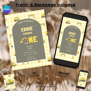 Puede incluir: Un diseño de invitación de cumpleaños con un tema de construcción. La invitación incluye el texto "EDDIE TURNING ONE" con un gráfico de excavadora amarilla. El diseño se muestra en una tarjeta de 5x7 pulgadas, un teléfono inteligente y un teléfono más pequeño.