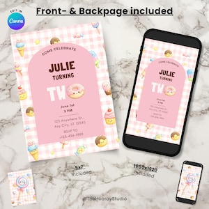 Tarjeta de invitación para segundo cumpleaños, plantilla de invitación para fiesta de dulces, móvil e imprimible, editable, Canva, descarga digital, segundo cumpleaños de donut