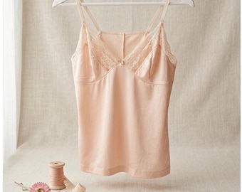 Vintage Lace Trim Camisole Peach Rosette Detail Coquette Lingerie Top Small