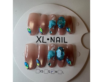 3D Blue Floral Rhinestone Press On Nails Nude Ombre Size M Long Coffin