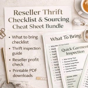 Op de afbeelding: Een bundel van afdrukbare PDF-checklists en -gidsen voor kringloopwinkels. De bundel bevat een "Wat mee te nemen" checklist, een kringloopinspectiegids en een reseller winstcontrole. De titel luidt "Reseller Thrift Checklist & Sourcing Cheat Sheet Bundle."