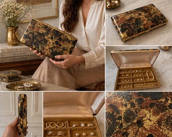 Mele Vintage Travel Jewelry Box Case Gold Tortoiseshell Abstract Splatter MCM