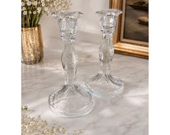 Vintage Etched Crystal Glass Candlestick Holders Pair Floral Wheat Pattern 7in