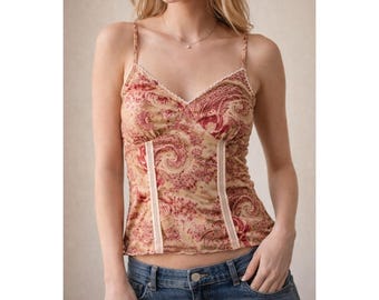 Vintage Y2K Wet Seal Paisley Microsuede Lace Trim Cami Fairy Grunge Boho Top Med