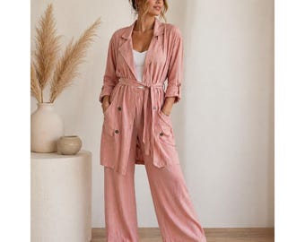 Vintage jaren 90 rayon stofdoek en wijde broek set stoffige roze maat 8 Carole Little