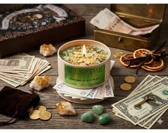 BILLS? PAID Candle – Pyrite, Green Aventurine Wealth Manifestation Candle