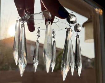 Vintage Clear Glass Chandelier Crystal Prisms with Scalloped Bobeche Set