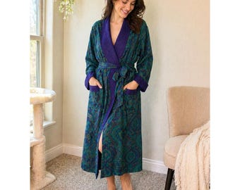Vintage Victorias Secret Gold Label Paisley Maxi Robe Teal Purple Jacquard P/S