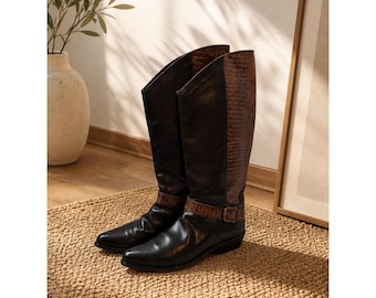 Bandolino Italian Black Leather Brown Embossed Tall Boots Size 7.5 Pointed Toe