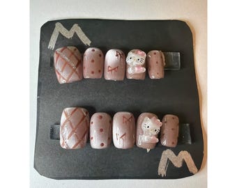 Handmade Custom Cat Eye Press On Nails Medium Mauve Pink 3D Hello Kitty 10pc Set
