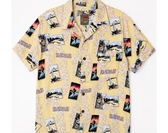 Pineapple Connection Hawaii Postcard Print Rayon Aloha Shirt Mens Large Yellow