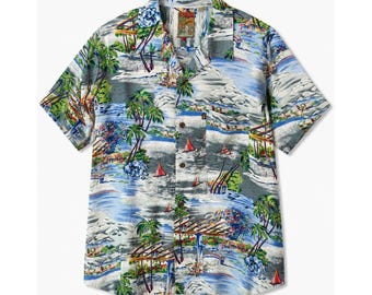 Pineapple Connection Mens Large Tropical Island Sailboat Rayon Hawaiian Shirt L