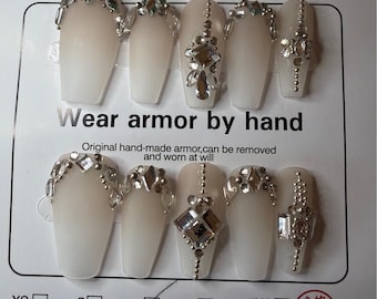 Handmade White Ombre Rhinestone Press On Nails Coffin Shape Size M Bling Glam