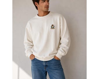 Chaps Ralph Lauren Medium Cream White Crest Logo Crewneck Sweatshirt Vintage