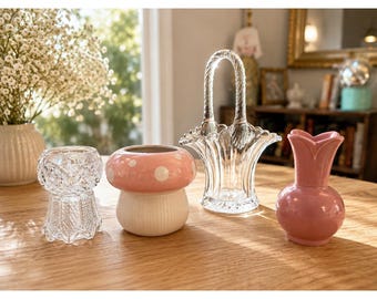 Vintage Pink Mushroom Jar Glass Basket Tulip Vase Crystal Decor Lot 4pc Whimsy