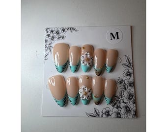 Mint Green 3D Floral & Tiger Stripe Press On Nails Set Size M Handmade