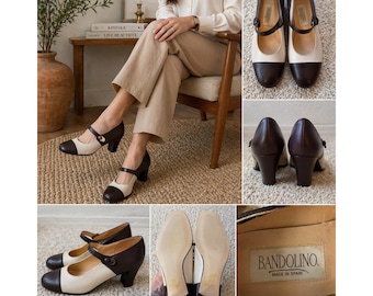 Bandolino Vintage Two Tone Leather Mary Jane Pumps Brown Cream Size 8.5M Spain