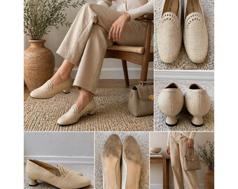 Zapatos mocasines Anne Michelle color beige con tacón de carrete tejido, talla 8. Estilo minimalista y elegante para la oficina.