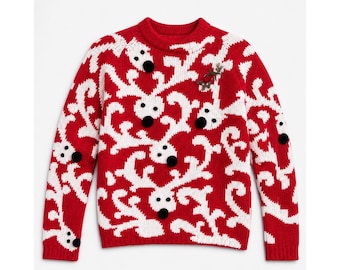 Suéter navideño vintage de los 90 de Michael Simon con reno rojo y pompón, talla L para mujer.