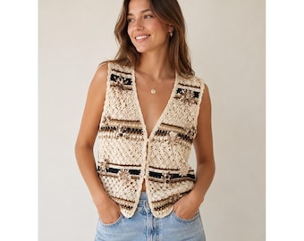 TAG Vintage Crochet Vest Cream Brown Ribbon Flower Boho Knit Waistcoat Large