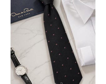 Oscar de la Renta zijden herenstropdas zwart-rode stropdas met geometrische microprint en logo