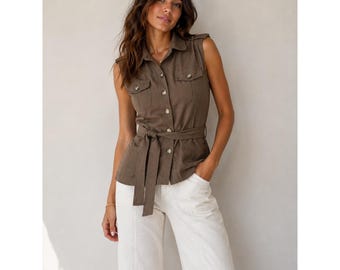 IZ Byer California Vintage Y2K Brown Sleeveless Utility Safari Jacket Vest M NWT