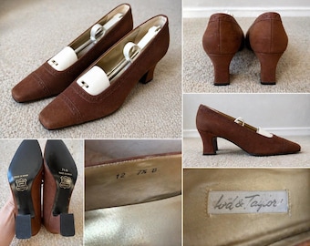 Zapatos de tacón de bloque estilo brogue con puntera de ala, de ante marrón vintage, fabricados en España, talla 7.5B