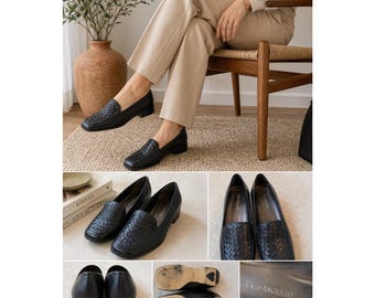 Mocassini vintage Enzo Angiolini in pelle intrecciata blu navy con punta quadrata, taglia 8.5 M