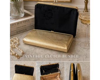 Vintage Style Evening Clutch Bundle Black Satin Floral & Gold Metallic 2 Pack