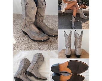 Vintage Distressed blue Leather Cowboy Boots with Metal Toe Tips women's size 8