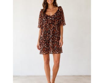 Milly of New York Silk Ikat Ruffle Flutter Sleeve Tunic Dress Orange Size 8