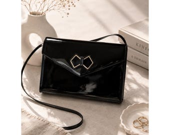 Salvatore Ferragamo Vintage Black Patent Leather Crossbody Bag Gold Bow O 219132