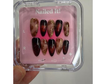 Nailed It! Press On Nails XS Burgundy Cat Eye Gold Flake Marble Almond Shape