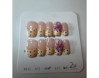 Handmade 3D Floral Polka Dot French Tip Press On Nails Medium Z22