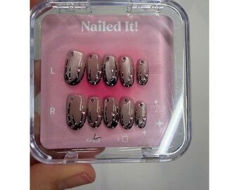 Nailed It! Press On Nails Size S Cat Eye Black French Tip Pink Rhinestone Almond