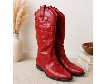 Vintage Rote Leder Gesteppte Western Cowboy Stiefel 6,5 B White Mountain