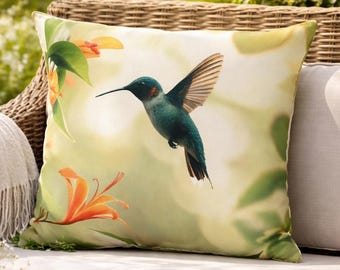 Hummingbird Outdoor Pillow | Floral Garden Bird Cushion, Patio Spring Decor, Bird Lover Gift