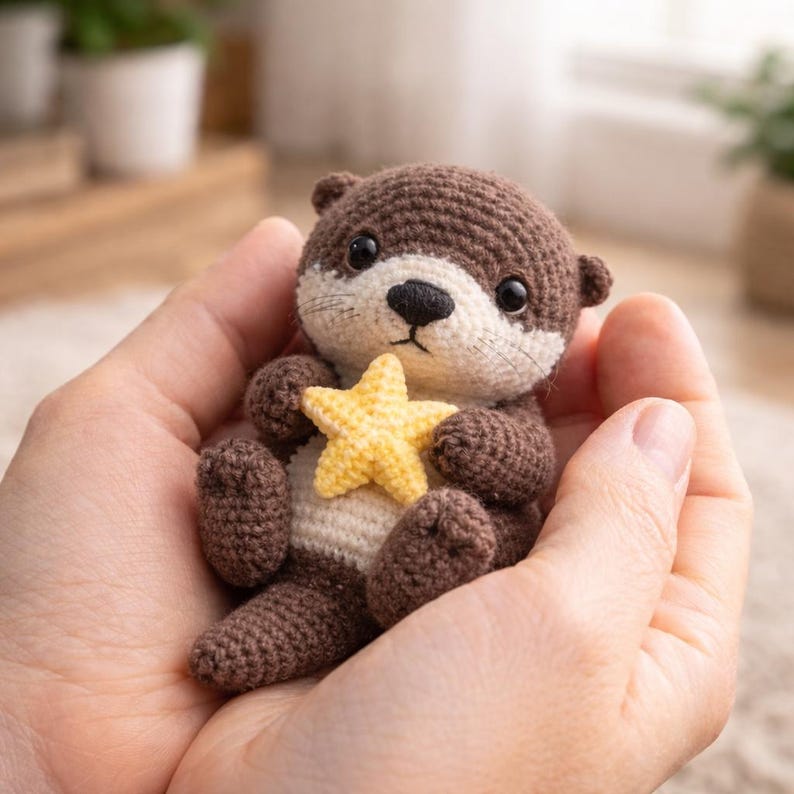 Lontra amigurumi all'uncinetto con stella marina, peluche di lontra carino, giocattolo animale marino fatto a mano, bambola di lontra kawaii, animale all'uncinetto, regalo per gli amanti dell'oceano immagine 1