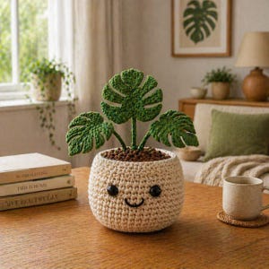 May include: A crocheted plant pot with a smiling face, holding a green crocheted Monstera plant. The pot is beige and filled with brown soil. The plant has three large, green leaves. The pot is on a wooden table.