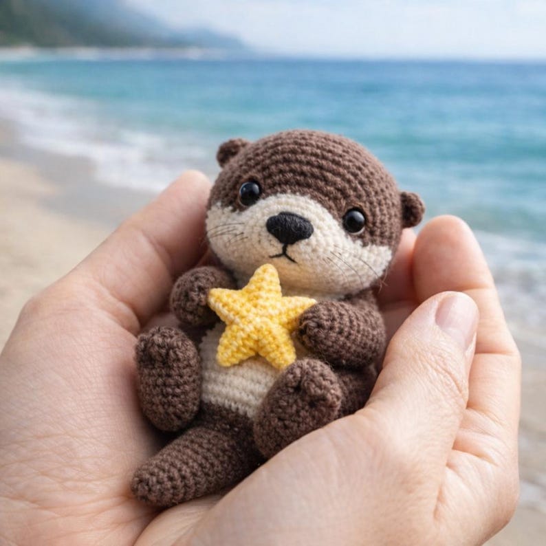Pu&ograve; includere: Un peluche di lontra all'uncinetto nei toni del marrone, crema e nero, che tiene una stella marina gialla. La lontra fatta a mano ha un design dettagliato con un viso carino ed &egrave; tenuta in mani aperte, con una spiaggia e un oceano sullo sfondo.