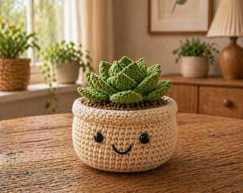 Vaso per piante grasse all'uncinetto, simpatico peluche a forma di pianta amigurumi, decorazione da scrivania kawaii fatta a mano, regalo con pianta sorridente, finta pianta grassa per la casa
