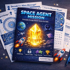 May include: A colorful, illustrated book titled "SPACE AGENT MISSION" with a glowing crystal, planets, and rockets. Includes printable escape room game pages, a pen, and scissors. The book is for kids and features STEM fun, secret codes, and logic puzzles.