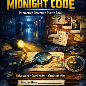 Könnte beinhalten: Das Cover von "Operation Midnight Code", einem interaktiven Detektiv-Puzzlebuch für 11-16-Jährige. Das Bild zeigt eine Lupe, eine Karte und eine Fallakte. Der Text lautet: "Löse Hinweise • Knacke Codes • Fange den Dieb."